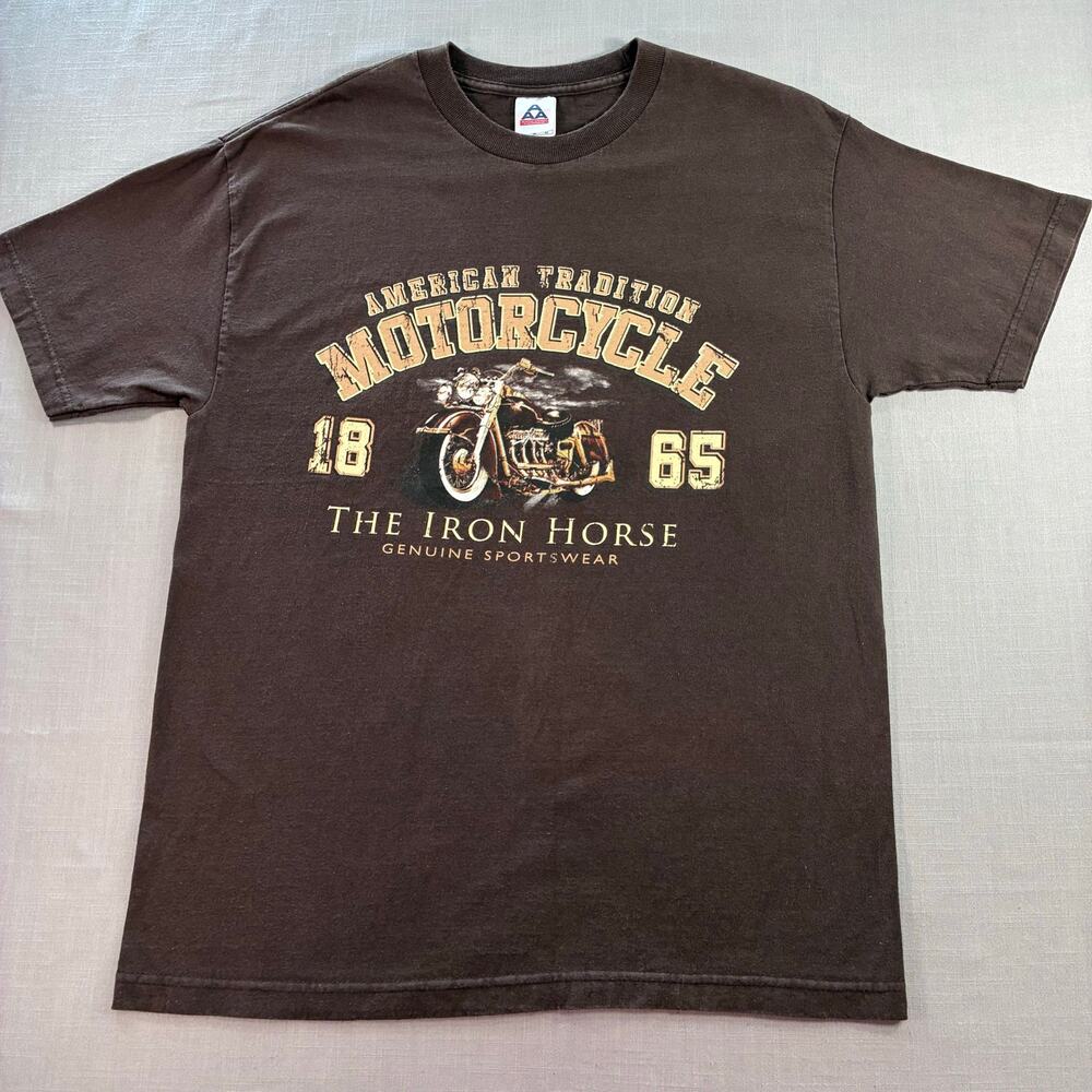 Vintage Motorcycle The Iron Horse Graphic T Shirt Brown Biker Tee Mens Medium
